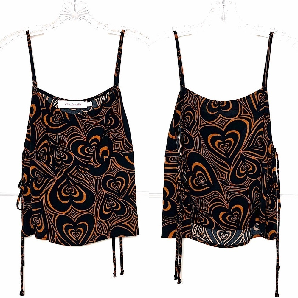 LISA SAYS GAH 90s Heart Print Sleeveless Side Tie Square Neck Babydoll Tank S - Picture 6 of 13